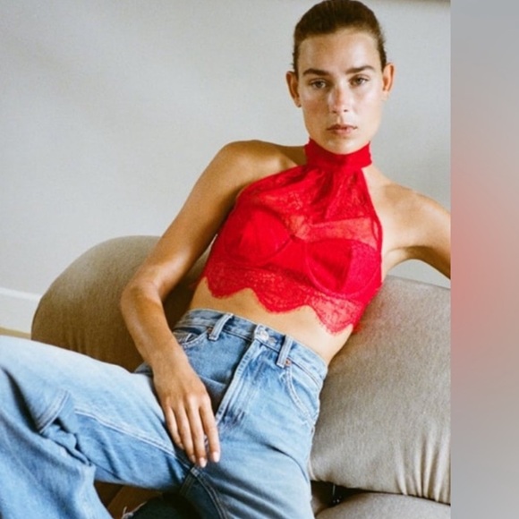 MY200 NWT ZARA RED LACE HALTER TOP - Picture 2 of 4